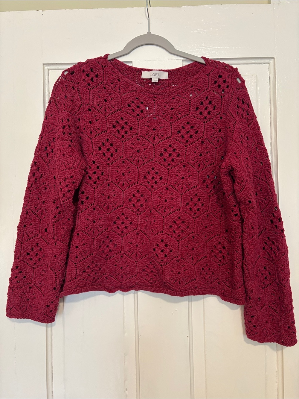 LOFT Raspberry Crochet Openwork Pullover NWT Size Large